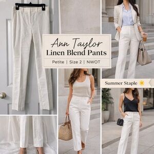Ann Taylor Petite Linen Blend Straight Leg Pants White Size 2 NWOT Summer Career